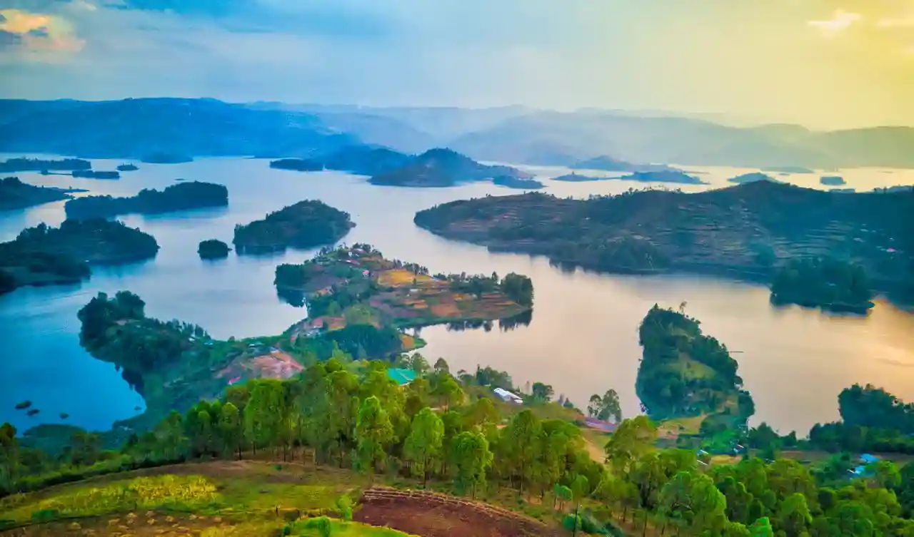 Lake Bunyonyi - terraced hillsides and island-dotted waters
